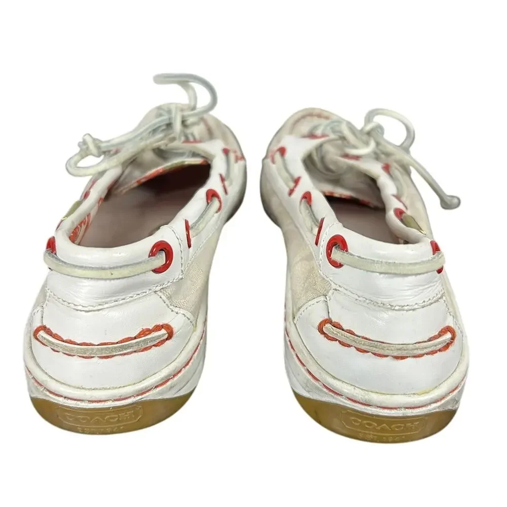 Preowned COACH boat shoe slip on- Sz 6M some overall wear- beige with red accent